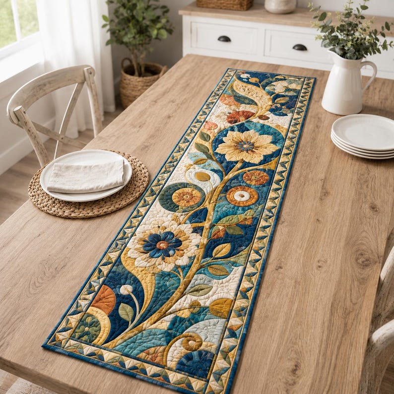 Art Nouveau Floral Quilted Table Runner, Blue Gold Botanical Farmhouse Décor