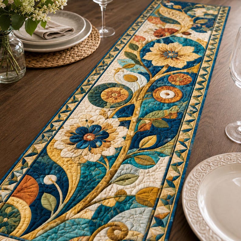Art Nouveau Floral Quilted Table Runner, Blue Gold Botanical Farmhouse Décor