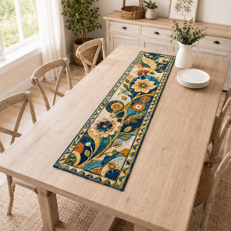 Art Nouveau Floral Quilted Table Runner, Blue Gold Botanical Farmhouse Décor