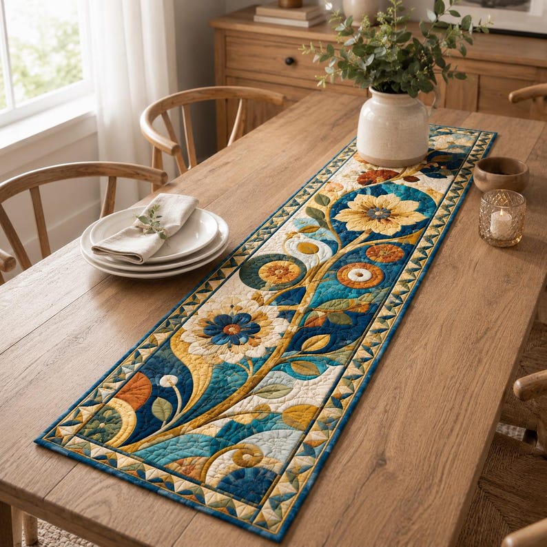 Art Nouveau Floral Quilted Table Runner, Blue Gold Botanical Farmhouse Décor