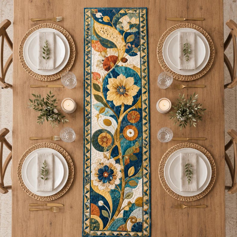 Art Nouveau Floral Quilted Table Runner, Blue Gold Botanical Farmhouse Décor