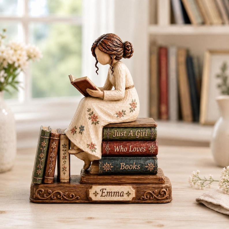 Personalized Reading Girl Wooden Block, Just A Girl Who Loves Books, Bookworm Shelf Decor, Book Lover Gift