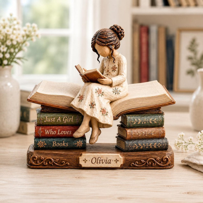 Personalized Reading Girl Wooden Block, Just A Girl Who Loves Books, Bookworm Shelf Decor, Book Lover Gift