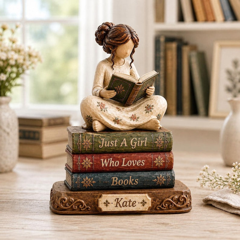 Personalized Reading Girl Wooden Block, Just A Girl Who Loves Books, Bookworm Shelf Decor, Book Lover Gift