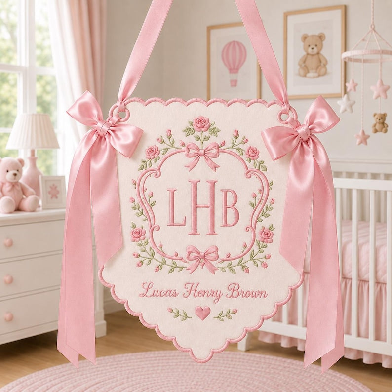 Custom Embroidered Baby Name Banner, Hospital Name Sign, Personalized Nursery Door Sign, Baby Shower Keepsake
