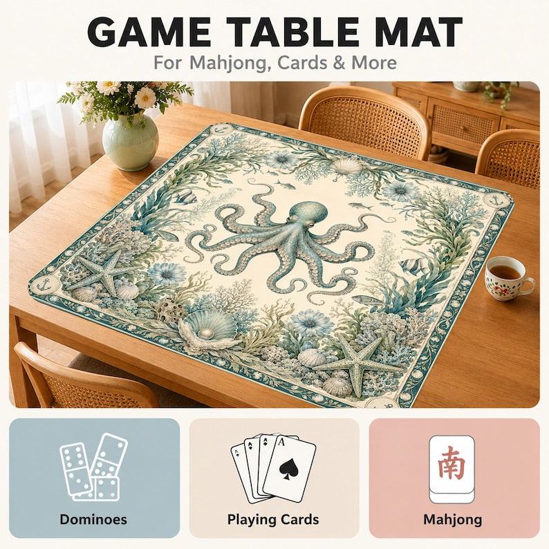 Mahjong Mat, Ocean Coral Mah Jongg Table Mat, Coastal Game Night Gift, Vintage Octopus