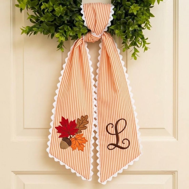 Personalized Monogram Fall Wreath Sash, Embroidered Autumn Leaf Door Decor, Gingham Ric Rac Bow
