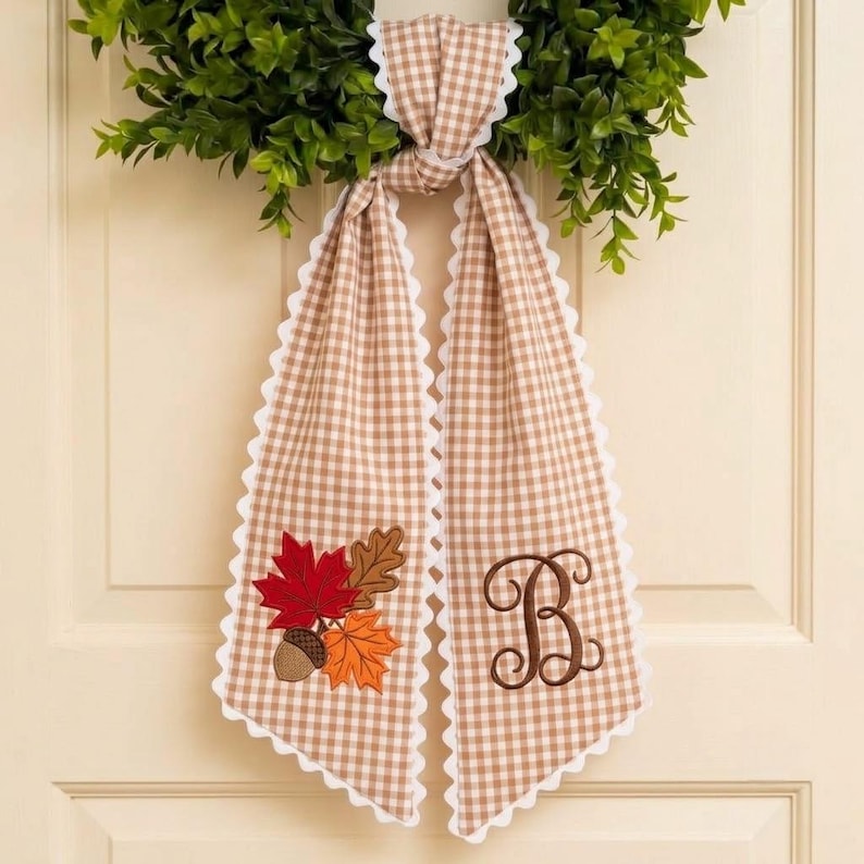 Personalized Monogram Fall Wreath Sash, Embroidered Autumn Leaf Door Decor, Gingham Ric Rac Bow
