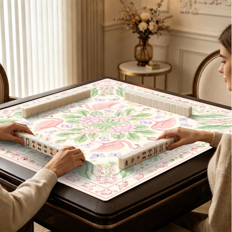 Personalized Flamingo Mahjong Mat, Custom Name Tropical Game Mat, Pink Botanical Table Cover, Charleston Gift
