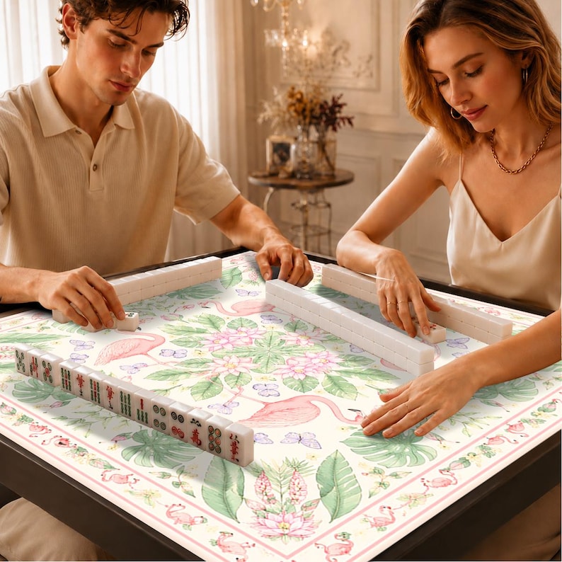 Personalized Flamingo Mahjong Mat, Custom Name Tropical Game Mat, Pink Botanical Table Cover, Charleston Gift