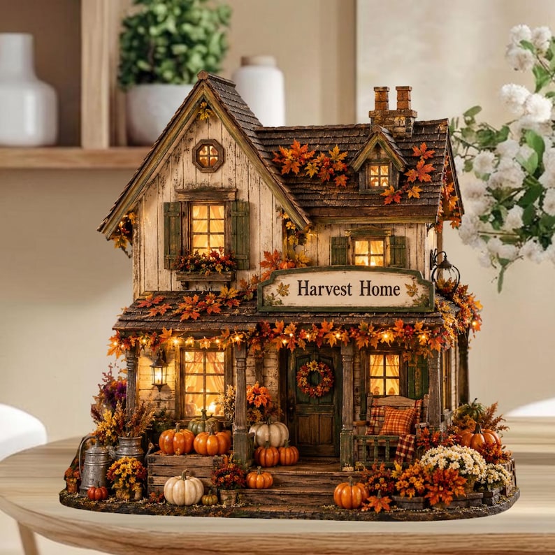 Personalized Harvest Home 2D Flat Wooden Block, Custom Fall Pumpkin House Decor, Autumn Table Sign