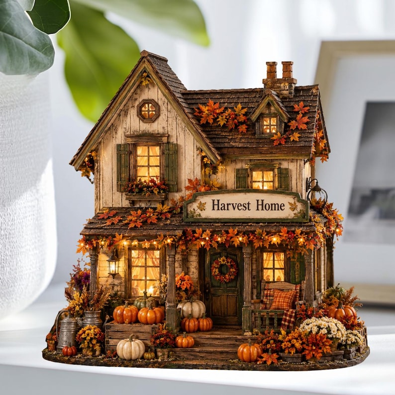 Personalized Harvest Home 2D Flat Wooden Block, Custom Fall Pumpkin House Decor, Autumn Table Sign