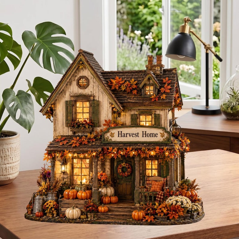 Personalized Harvest Home 2D Flat Wooden Block, Custom Fall Pumpkin House Decor, Autumn Table Sign