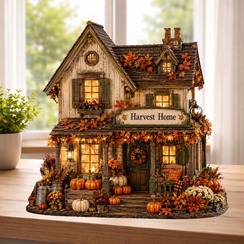 Personalized Harvest Home 2D Flat Wooden Block, Custom Fall Pumpkin House Decor, Autumn Table Sign