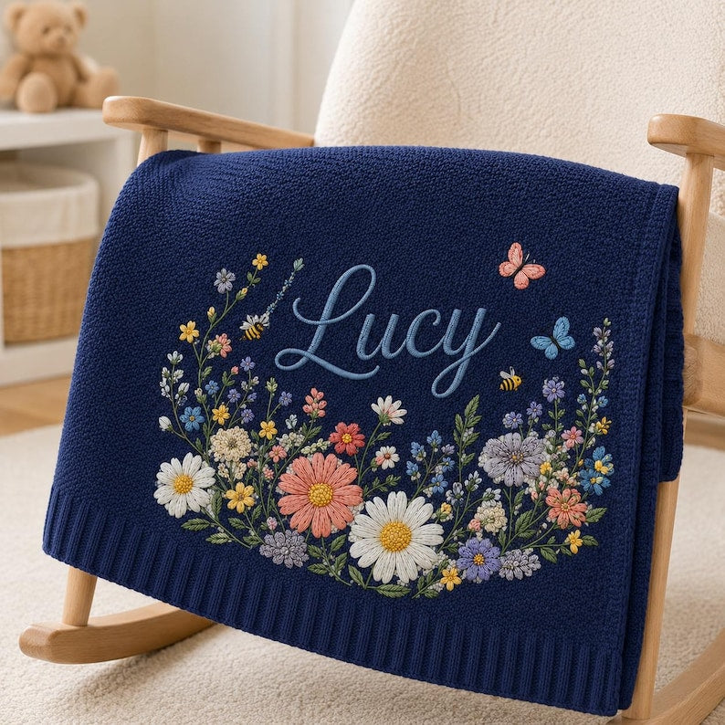 Personalized Floral Baby Blanket, Custom Name Blanket for Baby Girl, Soft Embroidered Flower Throw, Newborn Nursery Decor