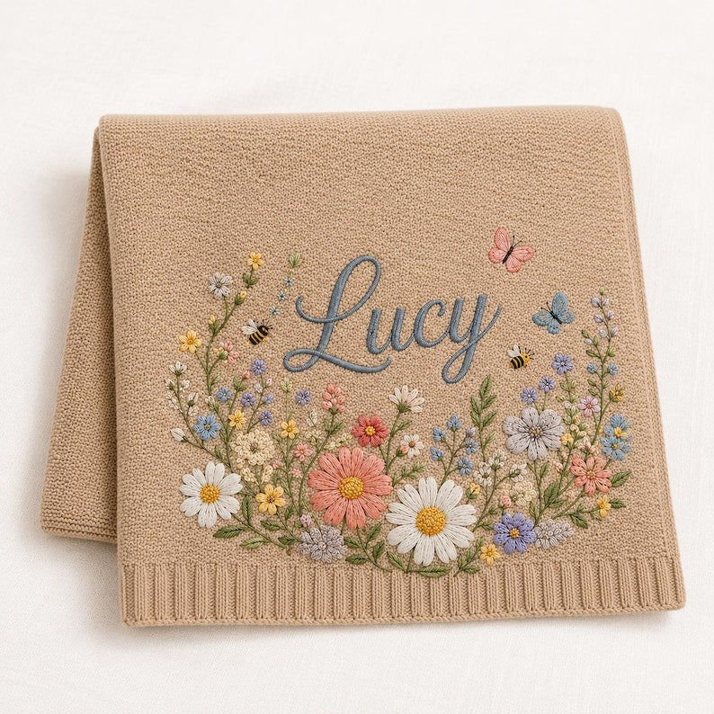 Personalized Floral Baby Blanket, Custom Name Blanket for Baby Girl, Soft Embroidered Flower Throw, Newborn Nursery Decor