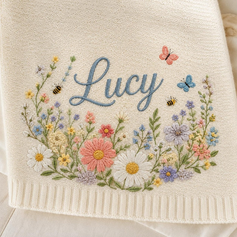 Personalized Floral Baby Blanket, Custom Name Blanket for Baby Girl, Soft Embroidered Flower Throw, Newborn Nursery Decor