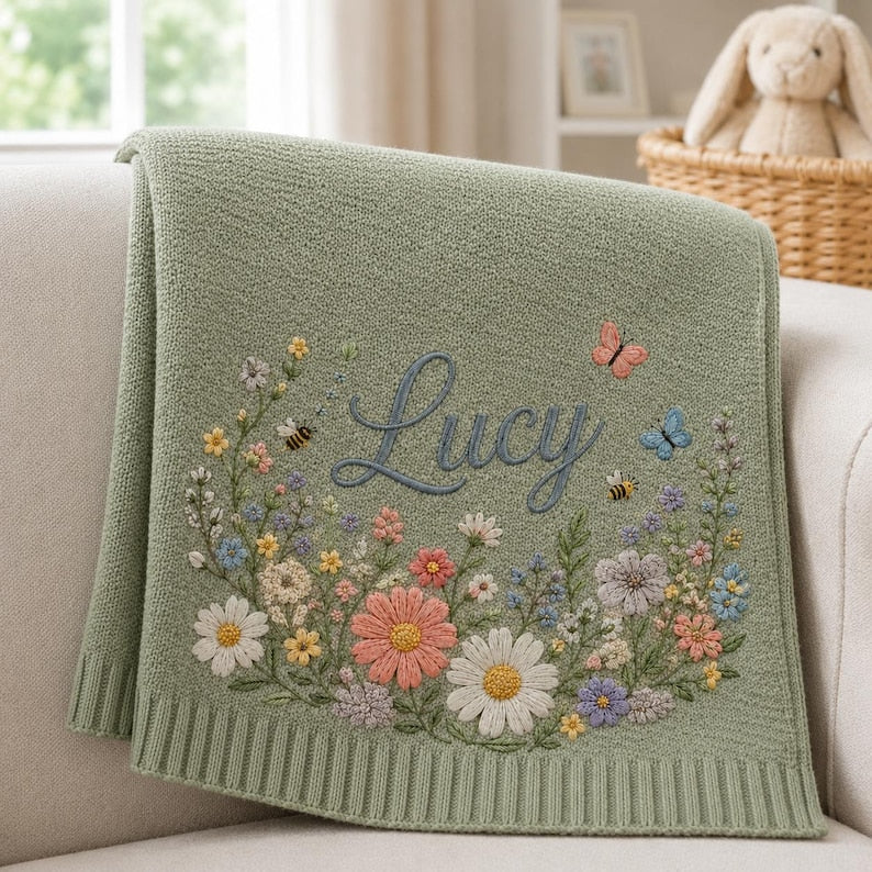 Personalized Floral Baby Blanket, Custom Name Blanket for Baby Girl, Soft Embroidered Flower Throw, Newborn Nursery Decor