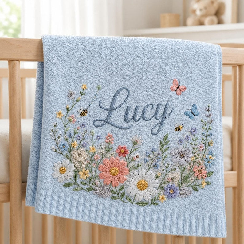 Personalized Floral Baby Blanket, Custom Name Blanket for Baby Girl, Soft Embroidered Flower Throw, Newborn Nursery Decor