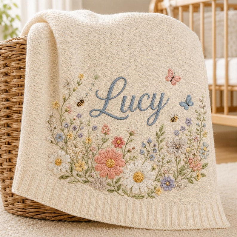 Personalized Floral Baby Blanket, Custom Name Blanket for Baby Girl, Soft Embroidered Flower Throw, Newborn Nursery Decor