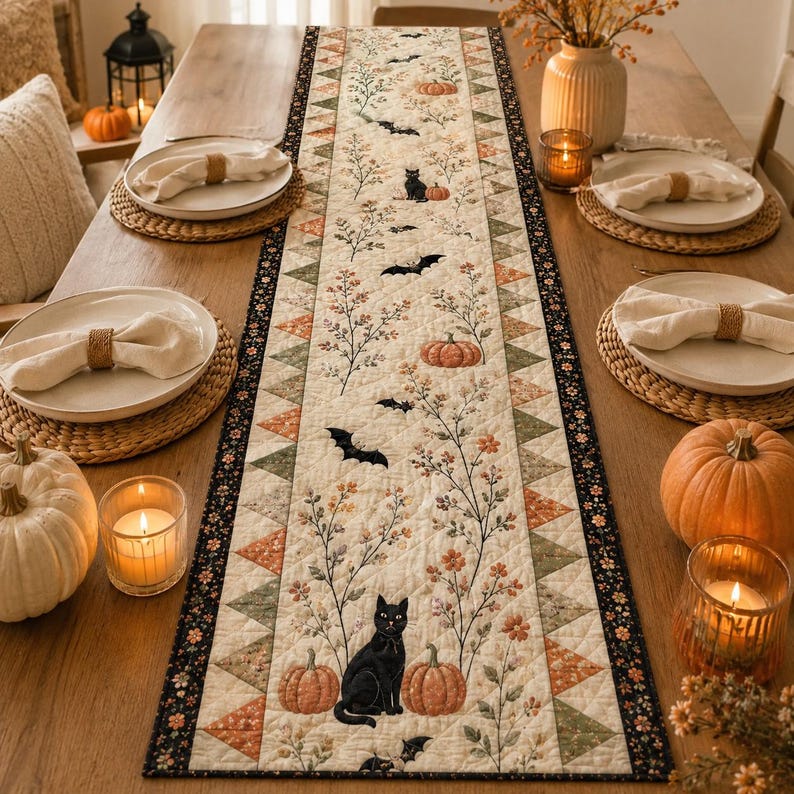 Halloween Quilted Table Runner, Fall Table Runner, Pumpkin Cat Ghost Bat Table Decor, Spooky Autumn Dining Table Runner