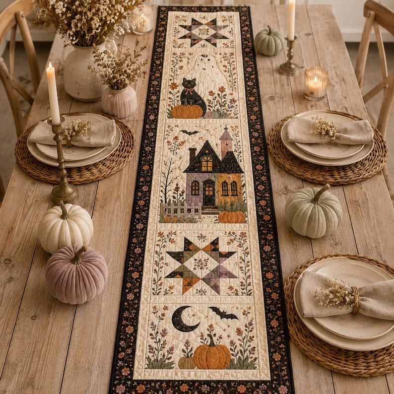 Halloween Quilted Table Runner, Fall Table Runner, Pumpkin Cat Ghost Bat Table Decor, Spooky Autumn Dining Table Runner
