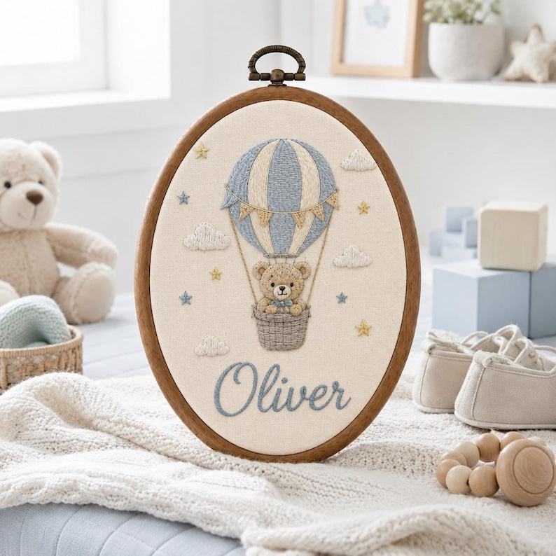 Personalized Hot Air Balloon Teddy Bear Baby Name Embroidery Hoop, Custom Blue Sky Nursery Wall Decor