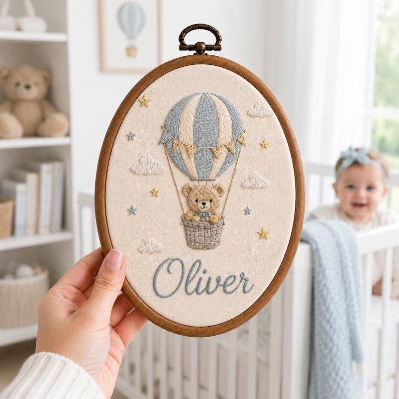 Personalized Hot Air Balloon Teddy Bear Baby Name Embroidery Hoop, Custom Blue Sky Nursery Wall Decor