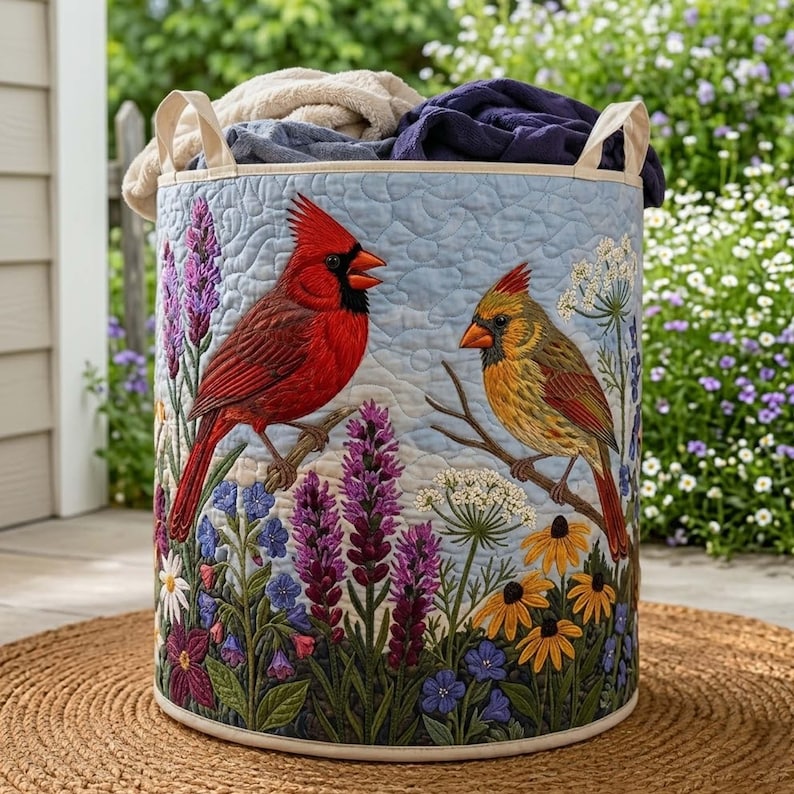 Cardinals Quilted Laundry Basket, Red Bird Fabric Hamper, Wildlife Nature Lover Gift