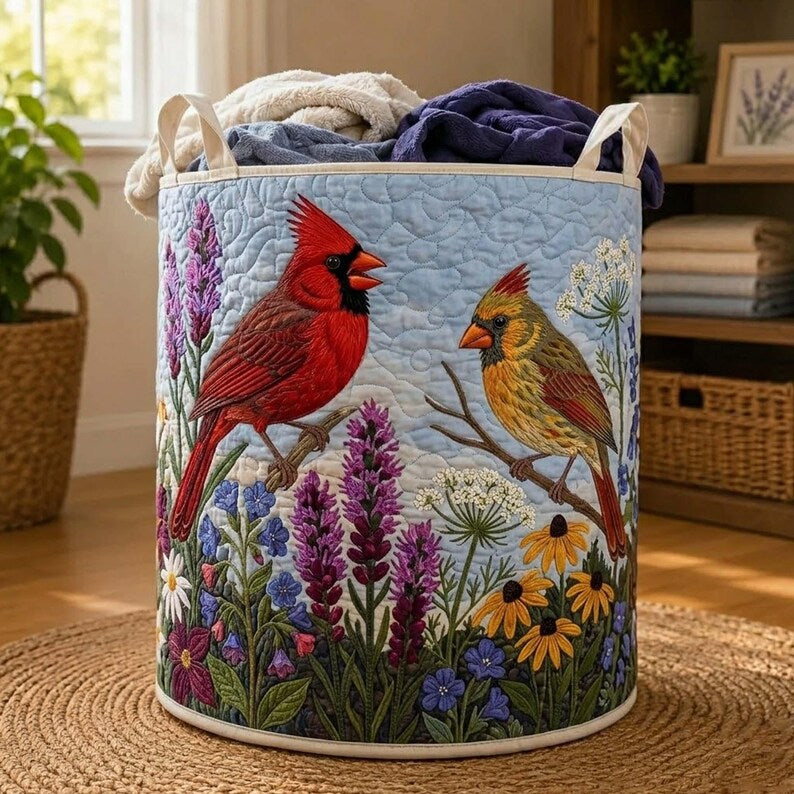 Cardinals Quilted Laundry Basket, Red Bird Fabric Hamper, Wildlife Nature Lover Gift