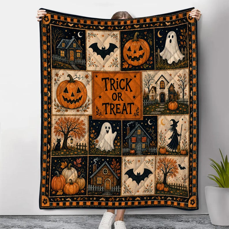 Halloween Quilt Blanket, Cute Ghost Pumpkin Throw Trick or Treat Rustic Autumn Patchwork Decor