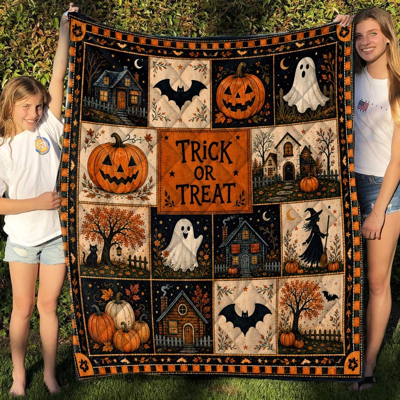 Halloween Quilt Blanket, Cute Ghost Pumpkin Throw Trick or Treat Rustic Autumn Patchwork Decor