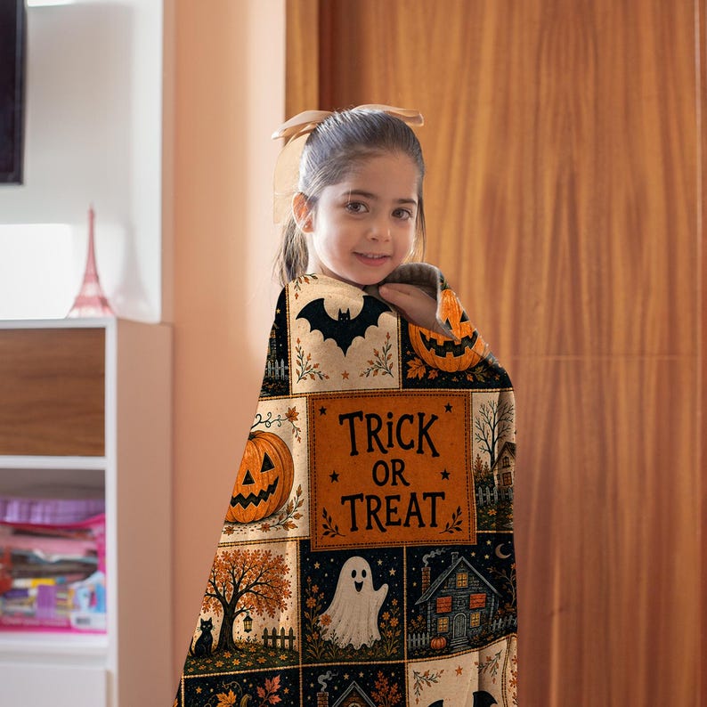 Halloween Quilt Blanket, Cute Ghost Pumpkin Throw Trick or Treat Rustic Autumn Patchwork Decor