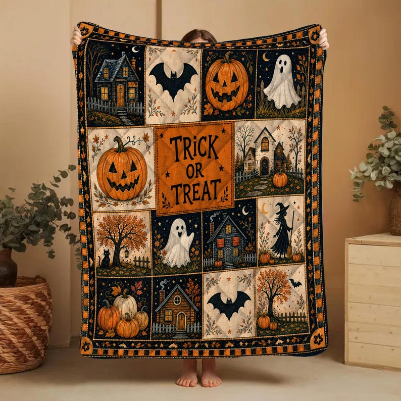 Halloween Quilt Blanket, Cute Ghost Pumpkin Throw Trick or Treat Rustic Autumn Patchwork Decor
