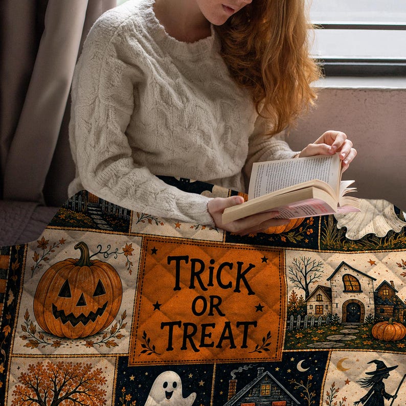 Halloween Quilt Blanket, Cute Ghost Pumpkin Throw Trick or Treat Rustic Autumn Patchwork Decor