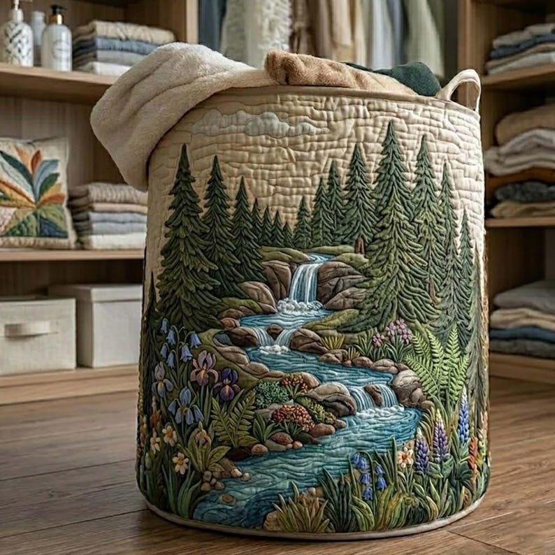 Into Woodland Quilted Laundry Basket, Pine Forest Fabric Hamper, Gift For Nature Lover