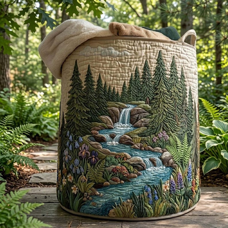 Into Woodland Quilted Laundry Basket, Pine Forest Fabric Hamper, Gift For Nature Lover