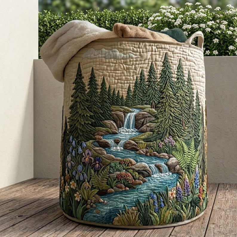 Into Woodland Quilted Laundry Basket, Pine Forest Fabric Hamper, Gift For Nature Lover