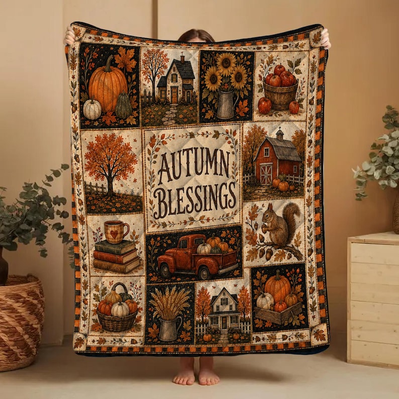 Fall Quilt Blanket, Rustic Patchwork Pumpkin Blankets, Thanksgiving Throw, Farmhouse Decor Cozy Autumn Gift