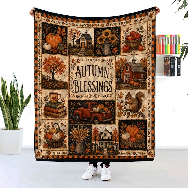 Fall Quilt Blanket, Rustic Patchwork Pumpkin Blankets, Thanksgiving Throw, Farmhouse Decor Cozy Autumn Gift
