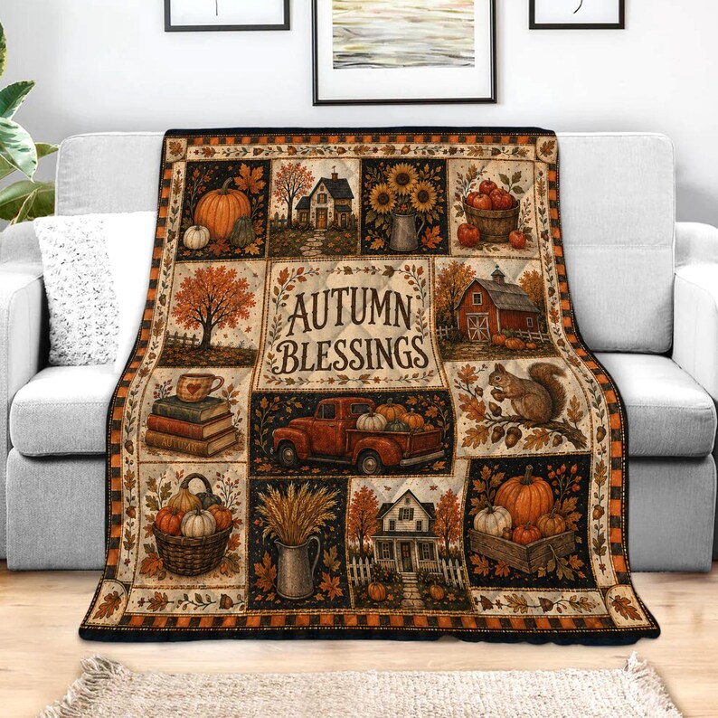 Fall Quilt Blanket, Rustic Patchwork Pumpkin Blankets, Thanksgiving Throw, Farmhouse Decor Cozy Autumn Gift