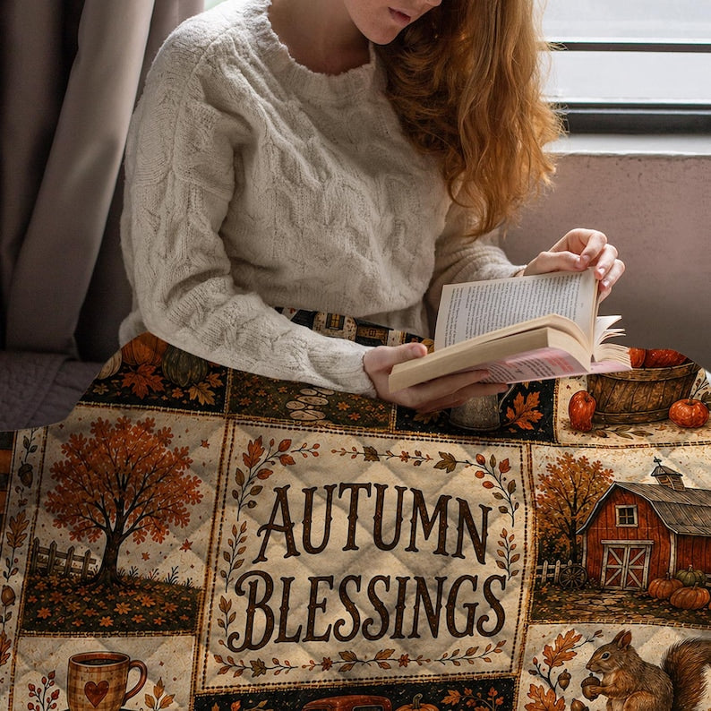 Fall Quilt Blanket, Rustic Patchwork Pumpkin Blankets, Thanksgiving Throw, Farmhouse Decor Cozy Autumn Gift
