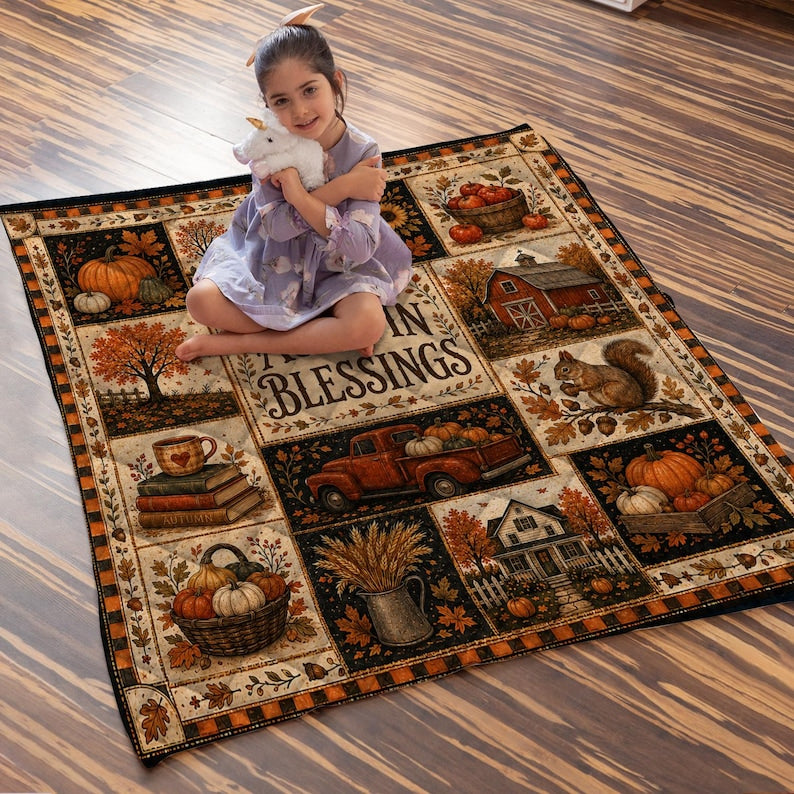 Fall Quilt Blanket, Rustic Patchwork Pumpkin Blankets, Thanksgiving Throw, Farmhouse Decor Cozy Autumn Gift
