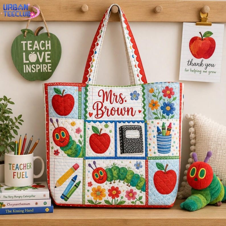 Personalized Very Hungry Caterpillar Quilted Tote Bag, Children's Book Inspired Teacher Bag
