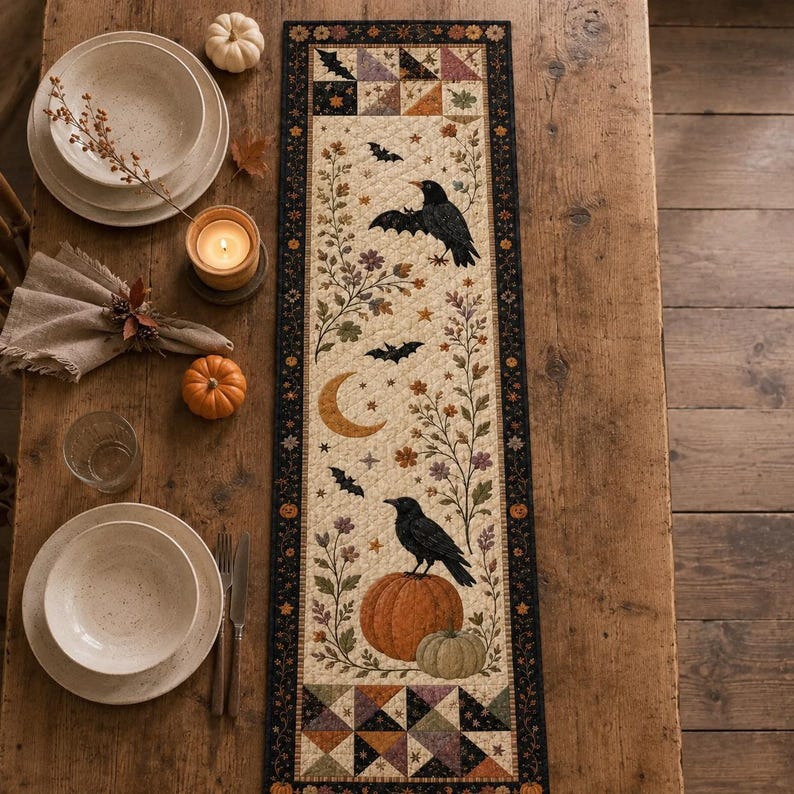 Halloween Quilted Table Runner, Fall Table Runner, Pumpkin Cat Ghost Bat Table Decor, Spooky Autumn Dining Table Runner