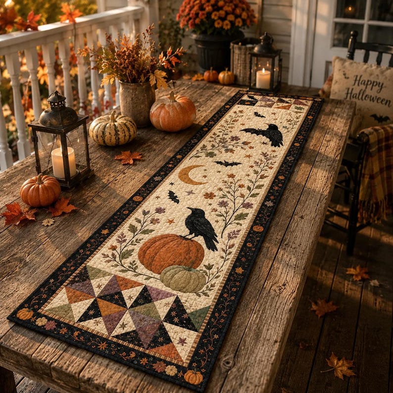 Halloween Quilted Table Runner, Fall Table Runner, Pumpkin Cat Ghost Bat Table Decor, Spooky Autumn Dining Table Runner
