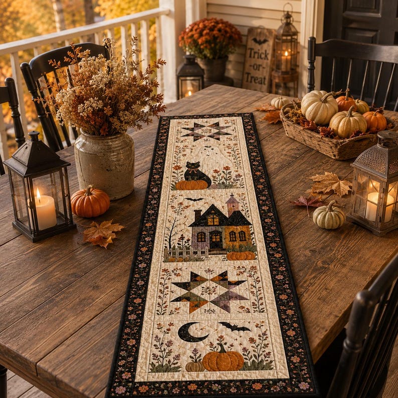 Halloween Quilted Table Runner, Fall Table Runner, Pumpkin Cat Ghost Bat Table Decor, Spooky Autumn Dining Table Runner
