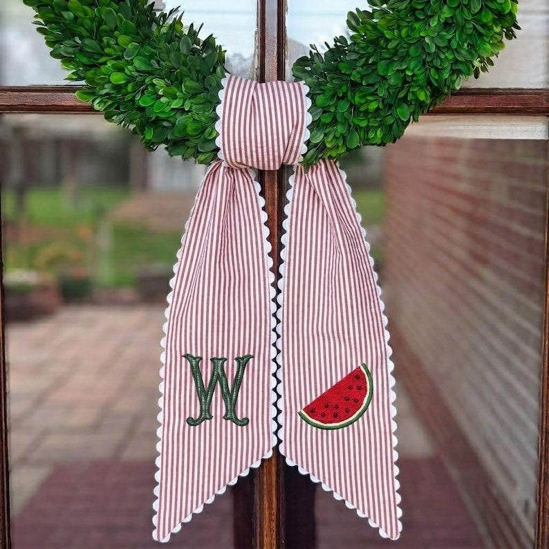 Monogrammed Watermelon Ric Rac Wreath Sash, Personalized Summer Front Decor Wreath, Embroidered Bow Sash
