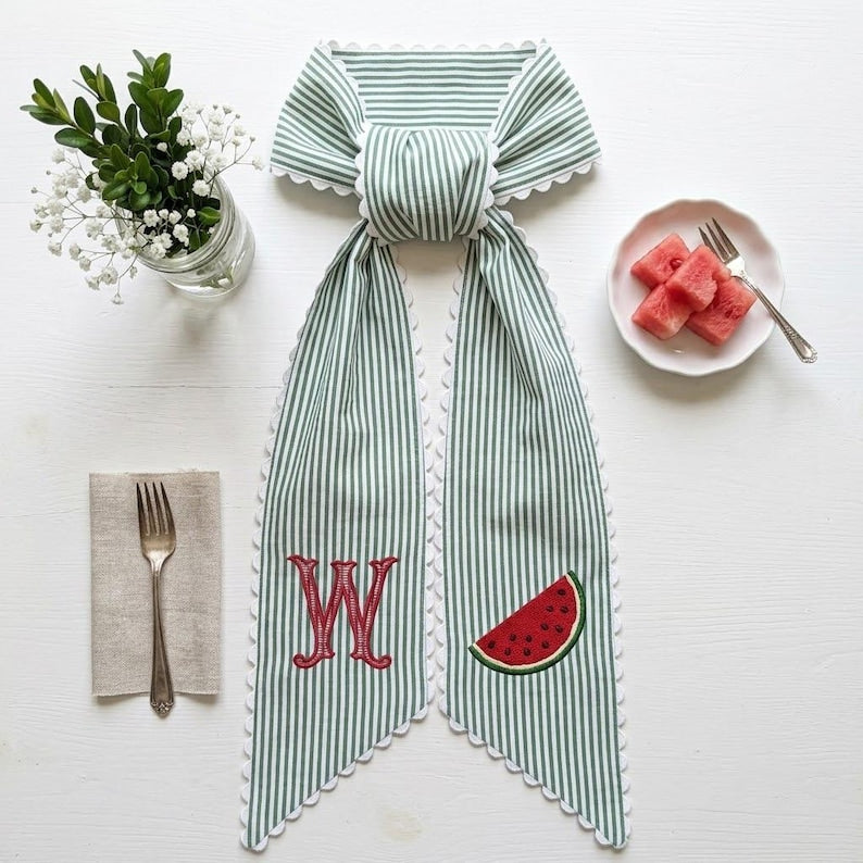 Monogrammed Watermelon Ric Rac Wreath Sash, Personalized Summer Front Decor Wreath, Embroidered Bow Sash