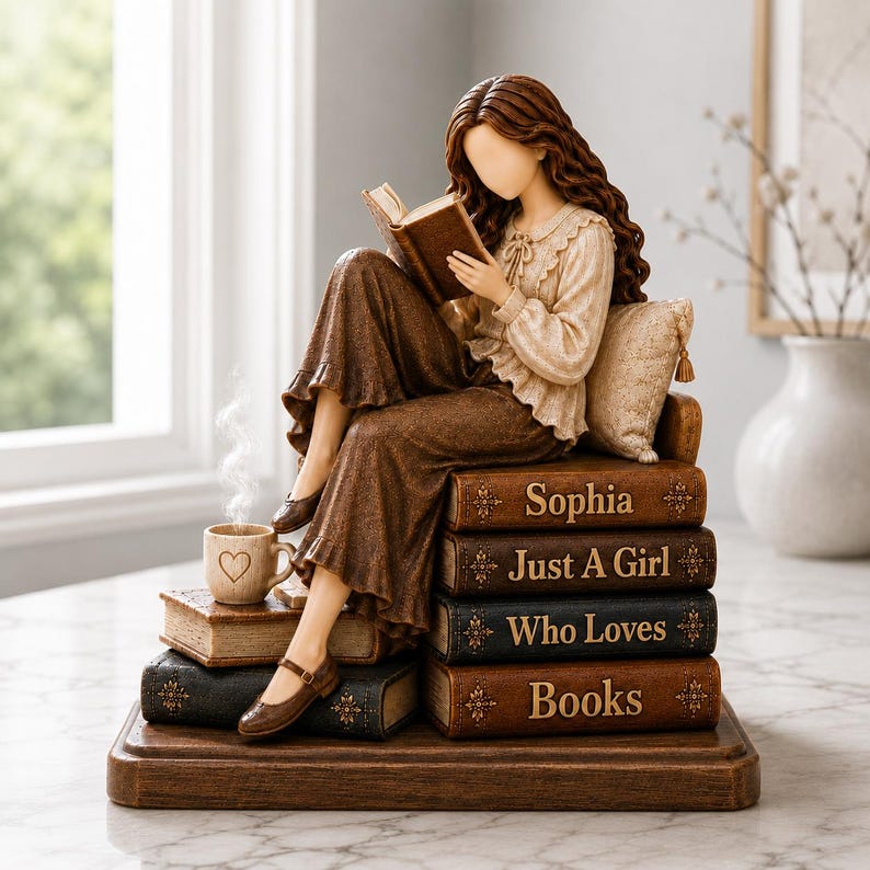 Custom Just A Girl Who Loves Books Wooden Block, Reading Girl Statue, Book Lover Gift, Library Decor